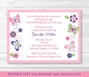 Pink Beautiful Butterfly Paradise Printable Baby Shower Invitation Editable PDF #A239