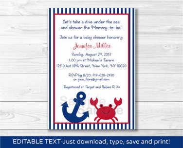Nautical Crab Under The Sea Printable Baby Shower Invitation Editable PDF #A182