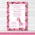 Pink Giraffe Jungle Safari Printable Baby Shower Invitation Editable PDF #A240