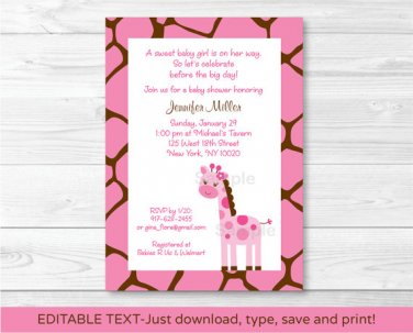 Pink Giraffe Jungle Safari Printable Baby Shower Invitation Editable PDF #A240