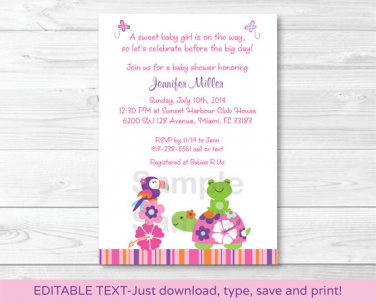 Tropical Garden Pond Frog Turtle Printable Baby Shower Invitation Editable PDF #A241