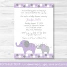 Lavender Polka Dot Jungle Elephant Printable Baby Shower Invitation Editable PDF #A242