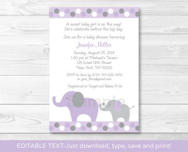Lavender Polka Dot Jungle Elephant Printable Baby Shower Invitation Editable PDF #A242