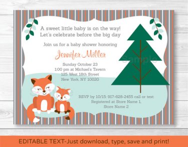 Woodland Fox Birch Tree Mom & Baby Printable Baby Shower Invitation Editable PDF #A245