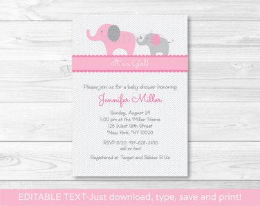 Pink Elephant Chevron Mom & Baby Printable Baby Shower Invitation Editable PDF #A246