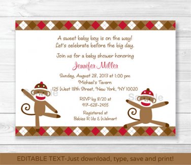 Silly Sock Monkey Baby Boy Printable Baby Shower Invitation Editable PDF #A247