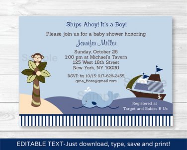 Ahoy Mate Nautical Whale Island Monkey Baby Shower Invitation Editable PDF #A171