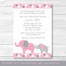 Pink And Gray Polka Dot Elephant Printable Baby Shower Invitation Editable PDF #A160