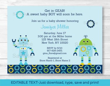 Baby Bots Boy Robot Printable Baby Shower Invitation Editable PDF #A252