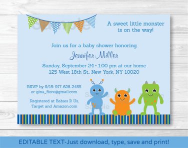 Baby Monsters Printable Baby Shower Invitation Editable PDF #A124