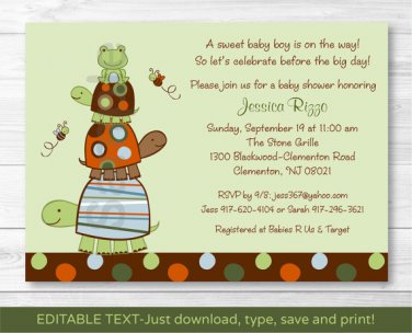 Mod Stacked Turtle Frog Printable Baby Shower Invitation Editable PDF #A255