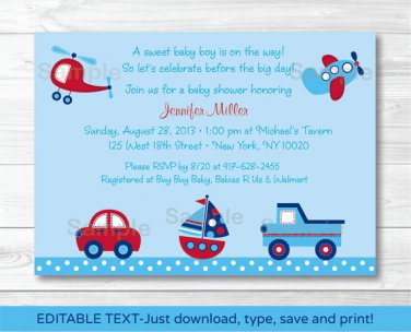 Transportation Around The Town Printable Baby Shower Invitation Editable PDF #A137