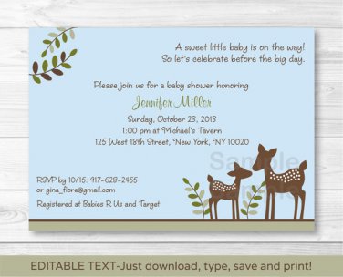 Willow Deer Blue Baby Boy Printable Baby Shower Invitation Editable PDF #A204