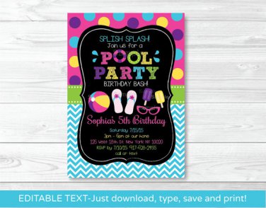 Girls Pool Party Printable Chalkboard Birthday Invitation Editable PDF #A258