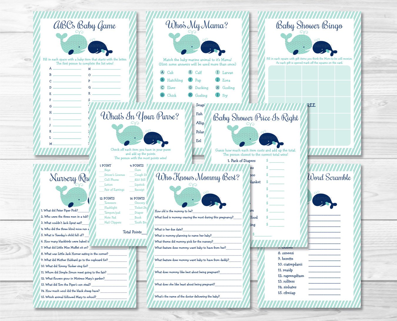 Little Blue Whale Nautical Baby Shower Games Pack - 8 Printable Games #A129