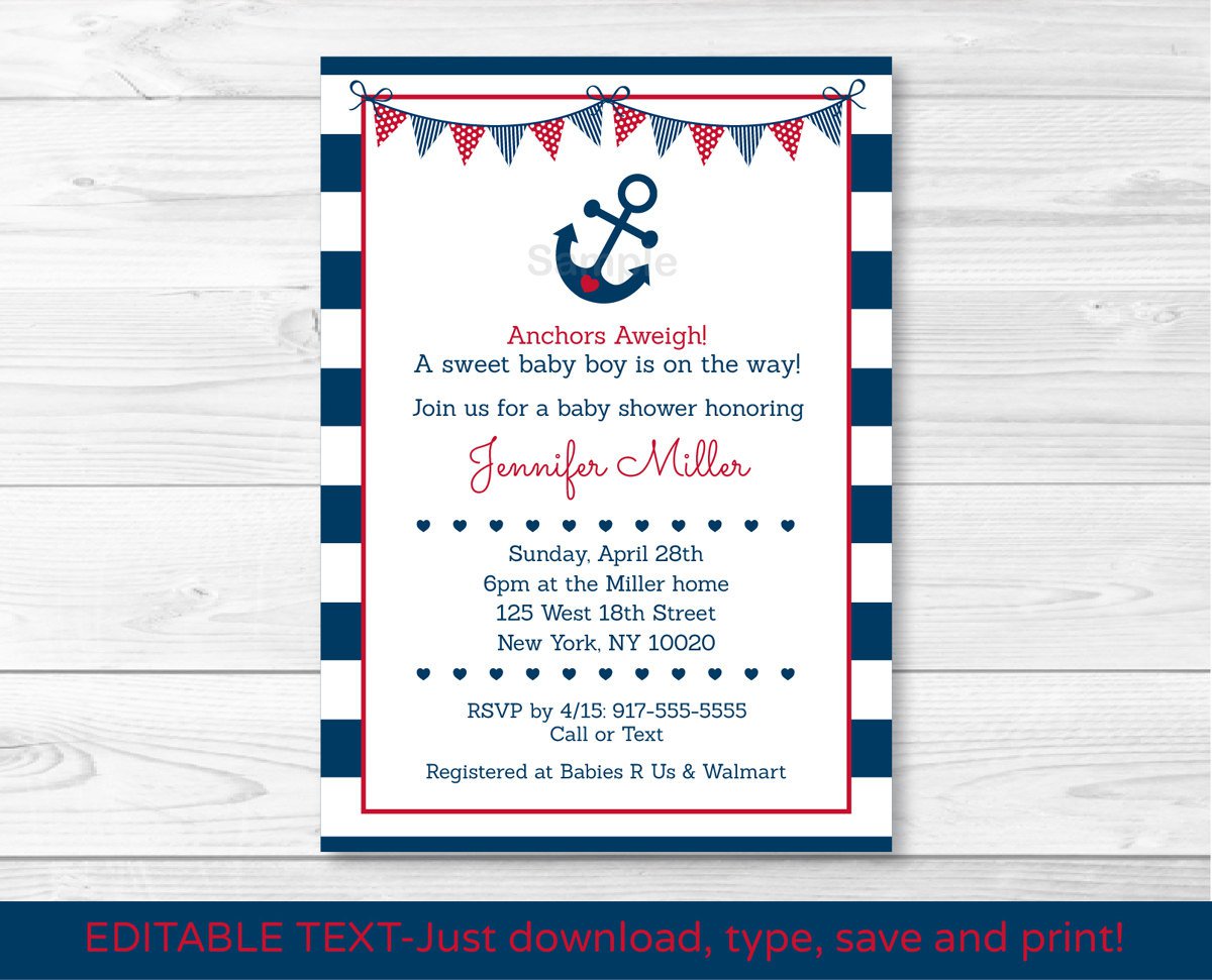 Nautical Anchor Navy Blue & Red Printable Baby Shower Invitation Editable PDF #A259