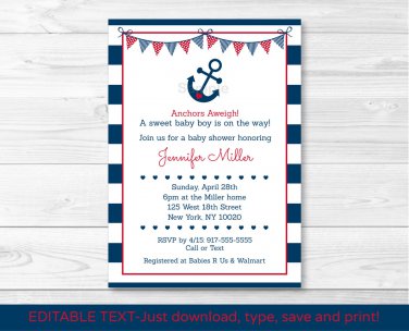 Nautical Anchor Navy Blue & Red Printable Baby Shower Invitation Editable PDF #A259