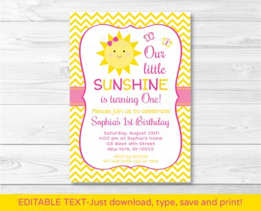You Are My Sunshine Chevron Printable Birthday Invitation Editable PDF Any Age #A261