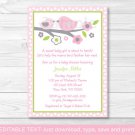 Sweet Pink Baby Birds Printable Baby Shower Invitation Editable PDF #A266