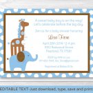 Mod Blue Elephant Giraffe Jungle Printable Baby Shower Invitation Editable PDF #A271