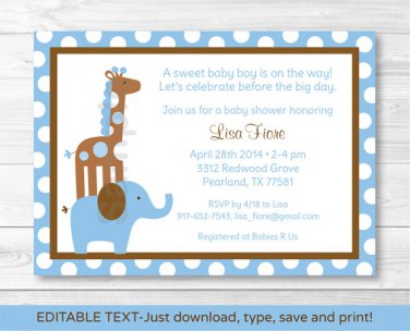 Mod Blue Elephant Giraffe Jungle Printable Baby Shower Invitation Editable PDF #A271
