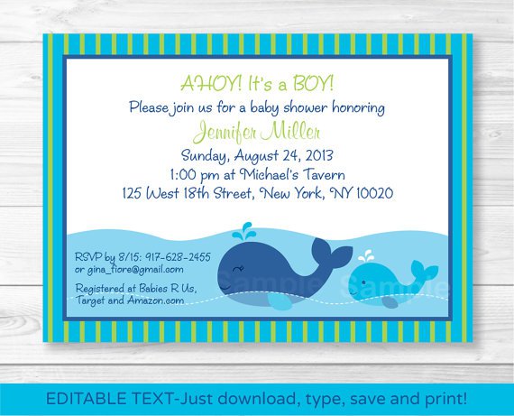 Lil Blue Whale Ahoy! Its A Boy! Printable Baby Shower Invitation Editable PDF #A215