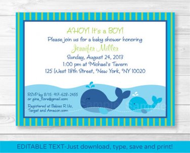 Lil Blue Whale Ahoy! Its A Boy! Printable Baby Shower Invitation Editable PDF #A215