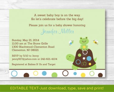 Mod Turtle Frog Pond Pals Printable Baby Shower Invitation Editable PDF #A274