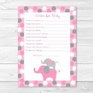 Pink Gray Polka Dot Elephant Printable Baby Shower Wishes For Baby Advice Cards #A160
