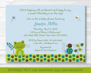 Frog Snails Pond Pals Printable Baby Shower Invitation Editable PDF #A275