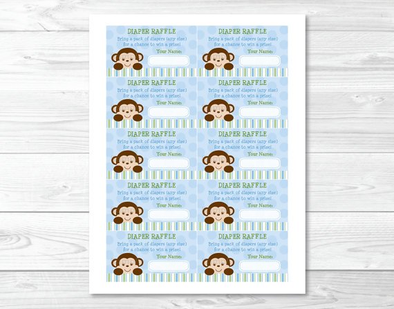 Mod Monkey Jungle Safari Baby Blue Printable Baby Shower Diaper Raffle Tickets #A164