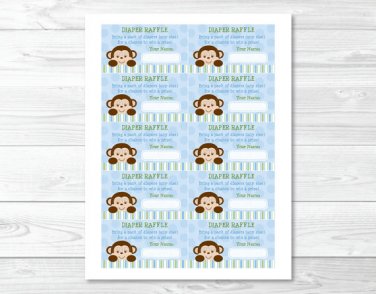 Mod Monkey Jungle Safari Baby Blue Printable Baby Shower Diaper Raffle Tickets #A164