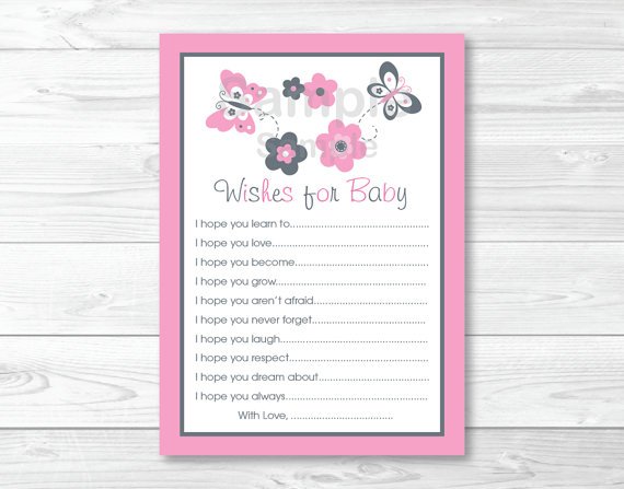 Pink Gray Butterfly Flowers Printable Baby Shower Wishes For Baby Advice Cards #A216
