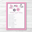 Pink Gray Butterfly Flowers Printable Baby Shower Wishes For Baby Advice Cards #A216