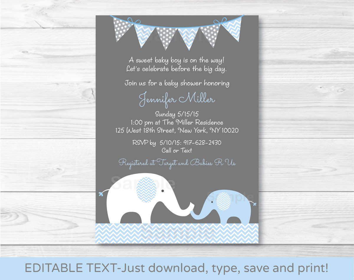 Blue Chevron Elephant Mom & Baby Printable Baby Shower Invitation Editable PDF #A187