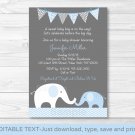 Blue Chevron Elephant Mom & Baby Printable Baby Shower Invitation Editable PDF #A187