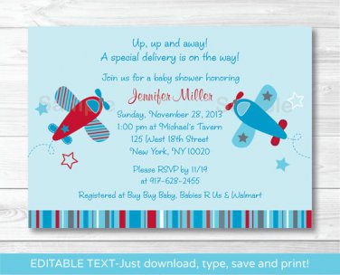 Little Aviator Airplane Blue Red Printable Baby Shower Invitation Editable PDF #A283