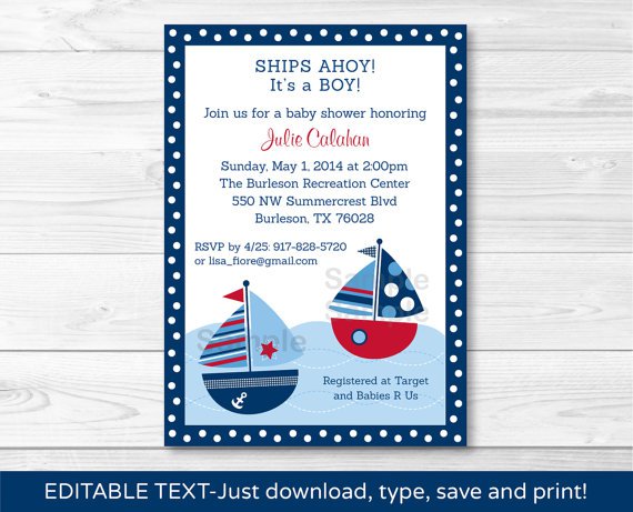 Sail Away Sailboat Nautical Blue Printable Baby Shower Invitation Editable PDF #A123