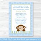 Baby Boy Monkey Blue Jungle Safari Printable Baby Shower Invitation Editable PDF #A164