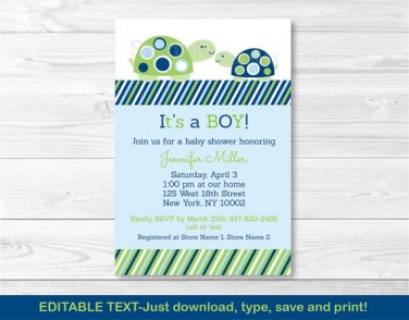 Mod Green Turtle Mom And Baby Printable Baby Shower Invitation Editable PDF #A126