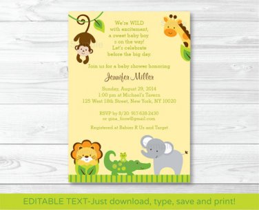 Bright Safari Jungle Animals Printable Baby Shower Invitation Editable PDF #A196