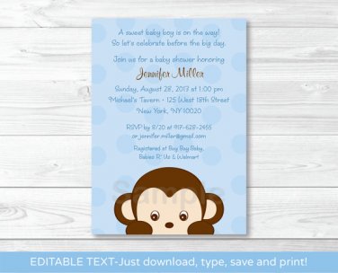 Mod Boy Monkey Jungle Safari Blue Printable Baby Shower Invitation Editable PDF #A175