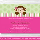 Mod Girl Monkey Pink Green Printable Birthday Invitation Editable PDF #A288
