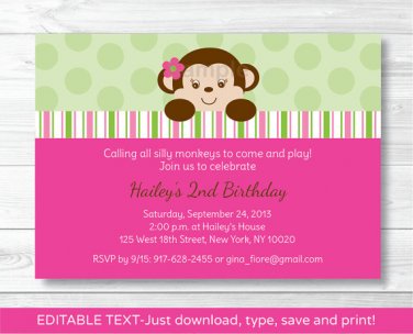 Mod Girl Monkey Pink Green Printable Birthday Invitation Editable PDF #A288