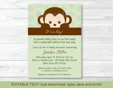 Mod Monkey Printable Baby Shower Invitation Editable PDF #A125