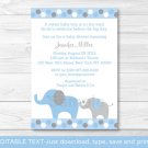 Blue And Grey Polka Dot Elephants Printable Baby Shower Invitation Editable PDF #A135
