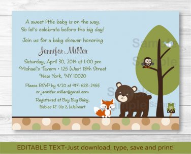 Bear Fox Owl Forest Friends Printable Baby Shower Invitation Editable PDF #A290