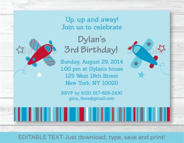 Little Aviator Airplane Blue Red Printable Birthday Invitation Editable PDF #A155