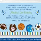 Sports Football Baseball Soccer Printable Birthday Invitation Editable PDF #A291