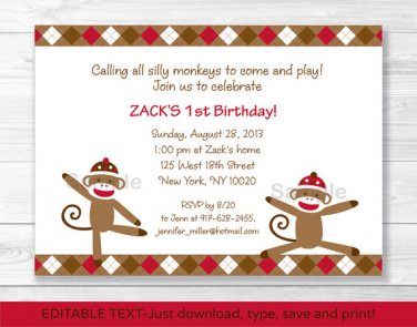 Silly Sock Monkey Printable Birthday Invitation Editable PDF #A292